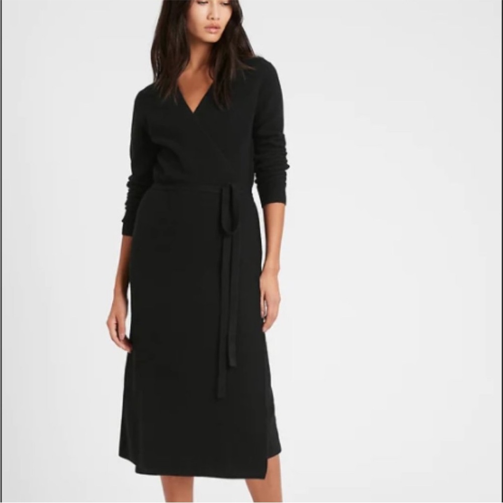 Banana Republic Black Italian Wool Cashmere Blend Wrap Dress Midi